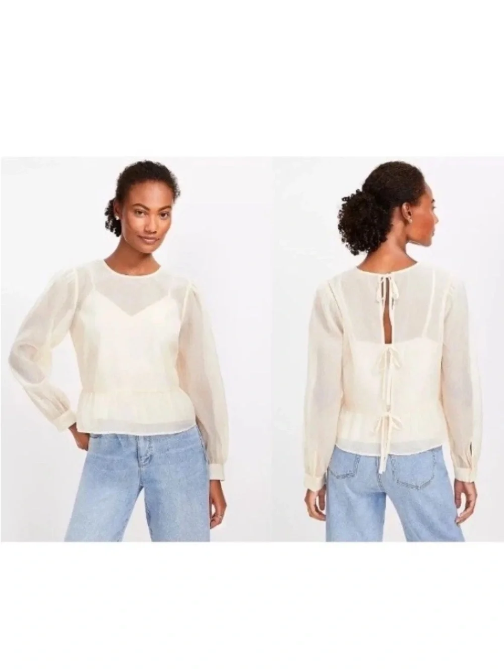 Ann Taylor LOFT Women’s S Feather Print Tie Back Peplum Blouse In Ecru Cloud $70